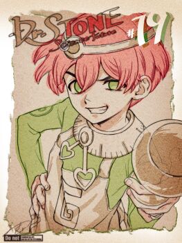 1boy chalice character_name copyright_name cup dr._stone green_eyes green_shirt green_sweater grin hand_on_own_hip highres holding holding_cup joel_(dr._stone) long_sleeves looking_at_viewer male_focus matsui_ruki overalls pink_hair shirt short_hair smile solo sweater teeth upper_body