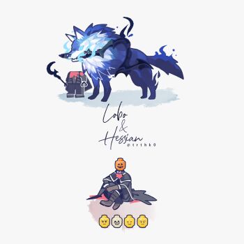 Rule 34 | 1boy, black coat, blue eyes, character name, coat, fate/grand order, fate (series), full body, glowing, glowing eyes, hessian (fate), hiko (lg612), holding, holding polearm, holding weapon, lego, lobo (fate), male focus, mouth hold, polearm, pumpkin head, simple background, twitter username, weapon, white background, wolf