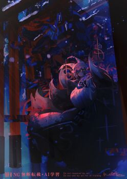 1girl animal_hat blonde_hair blue_tabard commentary_request dress fox_tail hands_in_opposite_sleeves hat highres kitsune long_sleeves looking_at_viewer making-of_available mob_cap multiple_tails rokuya_(68_zusao) short_hair signature solo tabard tail touhou twitter_username watermark white_dress wide_sleeves yakumo_ran yellow_eyes