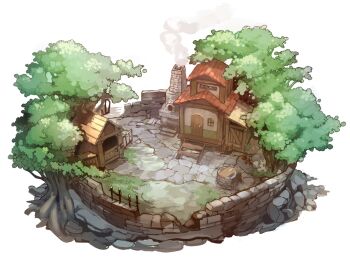 bucket building commentary_request door faux_figurine fence furnace grass house iron_fence mushroom no_humans original outdoors path road smoke smoke_trail stable stairs stone_wall tree tukasac well white_background window wooden_stairs