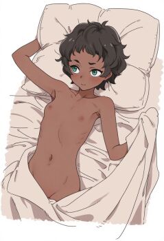 1girl averting_eyes bed_sheet black_hair blush breasts closed_mouth collarbone commentary_request dark-skinned_female dark_skin groin gundam gundam_gquuuuuux highres kisaragi_shokuin loli lying navel nipples nude on_back on_bed pillow short_hair small_breasts solo vani_(gundam)