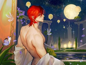 1boy adam's_apple arcade_(architecture) arch back bare_pectorals bug building bush butterfly chinese_commentary closed_mouth earrings falling_petals floating floating_earrings floating_object from_side full_moon gold_earrings grass hair_between_eyes half-closed_eyes highres hua_yi_shanxin_zhiyue insect jewelry jia_hua lips looking_at_viewer male_focus moon night orb outdoors path pectorals petals pool profile purple_butterfly purple_petals red_eyes red_hair road robe robe_partially_removed short_hair sideways_glance sky smile solo sparkle star_(sky) starry_sky toned toned_male tree upper_body water white_robe wuliaodehuaji