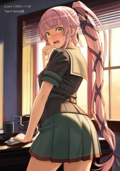 1girl ass blush from_behind grey_sailor_collar grey_skirt hair_flaps kantai_collection long_hair looking_at_viewer miniskirt nose_blush pleated_skirt ponytail sailor_collar school_uniform short_sleeves skirt solo tantaka very_long_hair yellow_eyes yura_(kancolle) yura_kai_ni_(kancolle)