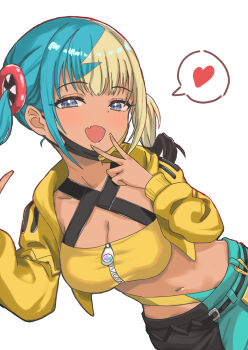 Rule 34 | 1girl, aqua hair, ayamal (mainichi ryokucha), bandeau, black mask, blonde hair, blue eyes, blush, breasts, canari (pokemon), cleavage, collarbone, commentary request, criss-cross straps, dark-skinned female, dark skin, fang, heart, highres, jacket, large breasts, leaning forward, long sleeves, looking at viewer, mask, mask pull, mega stone, midriff, mouth mask, multicolored hair, navel, nintendo, open mouth, pants, pokemon, pokemon legends: z-a, short twintails, skin fang, smile, solo, speech bubble, split-color clothes, split-color hair, spoken heart, sports bra, twintails, two-tone hair, two-tone mask, two-tone pants, v, yellow bandeau, yellow jacket, yellow mask, yellow sports bra
