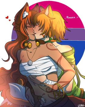 2girls animal_ears artist_name artist_self-insert bisexual_flag breasts cat_ears cat_girl chest_sarashi closed_eyes commentary english_commentary fire_emblem fire_emblem:_path_of_radiance fire_emblem:_radiant_dawn fox_ears fox_girl french_kiss hug hug_from_behind kiss leahfoxden lethe_(fire_emblem) long_hair multiple_girls nintendo oc_x_canon orange_hair original sarashi short_hair small_breasts tail yuri