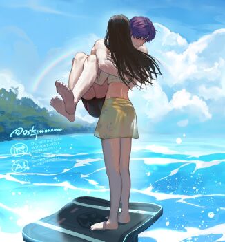 1boy 1girl barefoot black_male_swimwear black_shorts bracelet brown_hair carrying closed_eyes couple crop_top full_body hetero highres hug jewelry long_hair love_and_deepspace male_swimwear ocean osaki_iyo princess_carry protagonist_(love_and_deepspace) purple_hair rafayel_(love_and_deepspace) rainbow shirt short_hair shorts skirt topless_male twitter_username white_shirt yellow_skirt