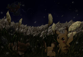 animal_focus brown_eyes commentary_request gen_1_pokemon gen_2_pokemon gen_3_pokemon gen_6_pokemon grass highres kinryoku looking_back night nintendo no_humans outdoors phantump pichu pikachu pokemon pokemon_(creature) scatterbug wheat_field zigzagoon