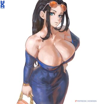 1girl bag bare_shoulders black_hair blue_dress blue_eyes bracelet breasts cleavage commentary covered_erect_nipples covered_navel dress eyewear_on_head gold_bracelet hand_on_own_hip handbag howxen jewelry large_breasts looking_at_viewer navel nico_robin off_shoulder one_piece patreon_logo patreon_username pencil_dress sunglasses veins veiny_breasts white_background