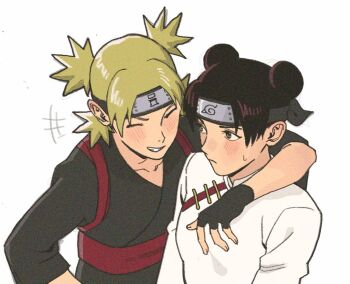 1boy 1girl arm_around_neck black_hair blonde_hair breasts brown_eyes chinese_clothes closed_eyes commentary double_bun english_commentary forehead_protector frown grin hair_bun il1023il konohagakure_symbol medium_breasts naruto_(series) naruto_shippuuden quad_tails smile sunagakure_symbol sweatdrop temari_(naruto) tenten_(naruto)