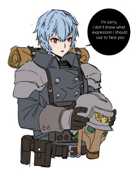 1girl armor astra_militarum ayanami_rei backpack bag bedroll blue_hair coat collar death_korps_of_krieg gas_mask gloves helmet highres imperial_aquila mask military_uniform neon_genesis_evangelion pauldrons pouch red_eyes rmulderz short_hair shoulder_armor simple_background solo trench_coat warhammer_40k white_background