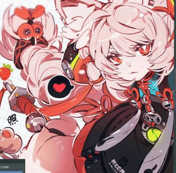 1girl animal_ear_fluff animal_ears animal_feet anklet blurry blurry_background braid braided_twintails bright_pupils carrot checkered_background chinese_clothes closed_mouth commentary cowboy_shot furry furry_female green_shirt hair_between_eyes heart heart_in_eye jewelry light_blush long_hair looking_at_viewer marusan159 medallion pink_fur pink_hair rabbit_girl red_eyes screw shirt solo sparkle spoken_heart symbol-only_commentary symbol_in_eye twintails white_background white_pupils zenless_zone_zero zhao_(zenless_zone_zero)