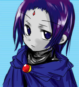 1girl animification bindi blue_eyes cape chibi cloak colored_skin dc_comics expressionless female_focus forehead_jewel grey_skin jitome kiri-kiriri lowres purple_hair raven_(dc) short_hair solo striped_background teen_titans