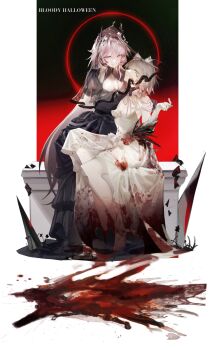 animal_ears arknights black_dress black_flower blood blood_on_clothes blood_on_face breasts cat_ears cat_girl cleavage commentary demon_girl demon_horns dress english_commentary english_text flower gloves gradient_background green_eyes halloween highres horns kal&#039;tsit_(arknights) moon originium_(arknights) pink_eyes pink_hair puffy_sleeves see-through_clothes see-through_veil tabayashi theresa_(arknights) toeless_legwear veil white_dress white_gloves white_hair wilted_flower yuri