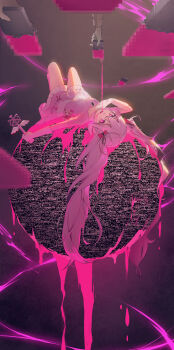 1girl absurdres aimaina bow bright_pupils brooch candy chocolate chocolate_bar dress food frills gloves hair_between_eyes hair_bow hair_ornament hatsune_miku highres holding holding_wand jewelry kamatoyu long_hair looking_at_viewer lying magical_girl mahou_shoujo_to_chokorewito_(vocaloid) melting on_back out_of_frame pink_bow pink_eyes pink_hair short_sleeves solo static twintails very_long_hair vocaloid wand white_gloves white_pupils