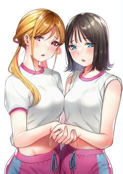 2girls bare_arms blue_eyes blush breasts brown_hair cover cover_image gym_shirt gym_shorts gym_uniform highres holding_hands kitahara_aoba kusunoki_aroma long_hair looking_at_viewer medium_breasts medium_hair midriff multiple_girls navel parted_lips pink_eyes pink_shorts sawaranaide_kotesashi-kun shinjou_takuya shirt short_sleeves shorts sleeves_rolled_up third-party_source twintails white_background white_shirt wispy_bangs