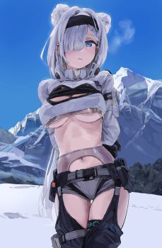 1girl a_tea animal_ears arknights arms_behind_back aurora_(arknights) bdsm belt blue_eyes bondage bound breasts cameltoe cleavage_cutout clothing_cutout crotch_rope grey_hair grey_panties hair_over_one_eye highres large_breasts long_hair looking_at_viewer mountain outdoors panties shrug_(clothing) skindentation snow solo standing stomach thigh_gap thigh_strap underboob underwear very_long_hair winter winter_clothes
