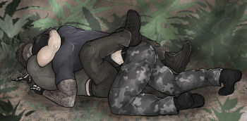 2boys absurdres arm_tattoo ass bara black_hair call_of_duty call_of_duty:_modern_warfare_2 camouflage camouflage_pants forest full_body g0atbra1nz ghost_(modern_warfare_2) highres lying lying_on_person male_focus mask multiple_boys muscular muscular_male nature on_back pants sexually_suggestive short_hair skull_mask soap_(modern_warfare_2) tattoo undercut wrestling yaoi