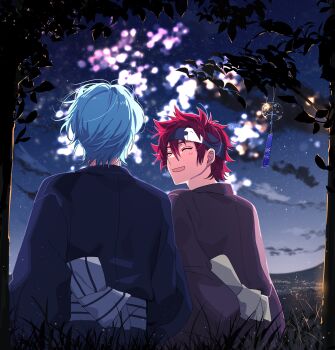2boys absurdres bandana blue_hair blue_headband blue_kimono chinese_commentary closed_eyes cloud fireworks grass hasegawa_langa headband highres japanese_clothes kayu_(yukagoin) kimono kyan_reki leaf male_focus messy_hair multiple_boys night night_sky obi open_mouth outdoors purple_kimono red_hair sash short_hair sitting sk8_the_infinity sky smile star_(sky) starry_sky summer_festival tree wind_chime yaoi yukata