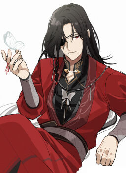 1boy beads belt bishounen black_hair bracelet braid bug butterfly butterfly_necklace butterfly_on_hand chinese_clothes closed_mouth eyepatch fduki_maro hair_beads hair_ornament hair_ribbon hand_up hanfu highres hua_cheng insect jewelry long_hair long_sleeves looking_at_viewer male_focus mandarin_collar necklace one_eye_covered pointy_ears red_eyes red_hanfu ribbon ribbon_braid side_braid silver_belt silver_bracelet silver_necklace simple_background single_braid sitting smile solo string string_around_finger string_of_fate tianguan_cifu white_background white_butterfly