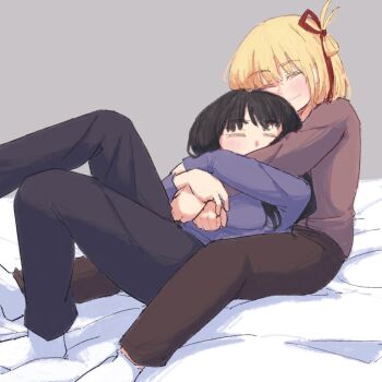 2girls black_hair black_pants blonde_hair brown_pants brown_shirt closed_eyes closed_mouth commentary cuddling daimyo0208 grey_background hair_ribbon highres hug hug_from_behind inoue_takina lycoris_recoil multiple_girls nishikigi_chisato one_side_up pants purple_shirt red_ribbon ribbon shirt short_hair simple_background smile socks symbol-only_commentary white_socks yuri