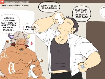 2boys abs animal_ears asymmetrical_horns bara blush bottle clothed_male_nude_male commentary cow_boy cow_ears cow_horns dark-skinned_male dark_skin drinking english_commentary english_text eye_black facial_hair flat_color glowing_horns goatee hand_milking heart highres horns large_pectorals leoandaslan_(leobongnana) male_focus male_lactation mature_male midriff_peek milk_bottle mismatched_horns multiple_boys muscular muscular_male navel nipples nude out-of-frame_censoring pectoral_cleavage pectorals promotional_art protagonist_3_(housamo) shirt short_hair sideburns_stubble sketch speech_bubble stomach strongman_waist stubble t-shirt thought_bubble tokyo_houkago_summoners wakan_tanka wakan_tanka_mugen yaoi