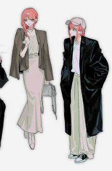 1girl bag baseball_cap black_coat braid braided_ponytail casual chainsaw_man coat grey_coat handbag hands_in_pockets hat highres jacket jacket_on_shoulders long_hair long_skirt m_budat1 makima_(chainsaw_man) pants red_hair ringed_eyes shoes skirt sneakers solo