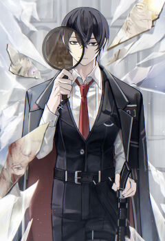 1girl 2boys 7ceta absurdres black_coat black_eyes black_hair black_vest broken_glass coat coat_on_shoulders collared_shirt commentary cowboy_shot crossed_bangs dongbaek_(project_moon) dongrang_(project_moon) double-parted_bangs facing_viewer glass glass_shards hair_between_eyes hand_up highres holding holding_mirror holding_weapon light_particles limbus_company looking_at_viewer mirror multiple_boys multiple_expressions necktie pov project_moon red_necktie revealing_layer shirt short_hair solo_focus standing straight-on vest weapon white_shirt yi_sang_(project_moon)