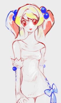 1girl 2000s_(style) absurdres blonde_hair blue_bow bow breasts collarbone colored_skin detached_sleeves dress faux_retro_artstyle hair_bobbles hair_ornament highres original red_eyes short_twintails sketch small_breasts smile solo twintails white_background white_skin yogurt200