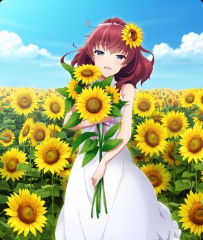Rule 34 | 1girl, bare shoulders, blue eyes, blue sky, blush, cloud, day, dot nose, dress, feet out of frame, field, flower, flower field, game cg, hair flower, hair ornament, hair ribbon, head tilt, holding, holding flower, konohana suzuka, looking at viewer, medium hair, official art, open mouth, outdoors, pink ribbon, red hair, ribbon, sky, sleeveless, sleeveless dress, smile, solo, sunflower, sunflower field, third-party source, toji no miko, toji no miko: kizamishi issen no tomoshibi, white dress, yellow flower