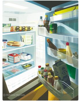 artist_name border bottle can carton drink_can drink_carton egg egg_carton food_focus food_packaging highres in_container milk_carton nabatame_kazutaka no_humans original plastic_bottle refrigerator refrigerator_interior soda_can still_life white_border