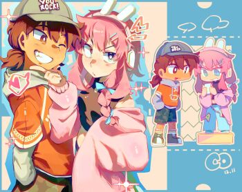Rule 34 | 1boy, 1girl, alternate eye color, animal ear headphones, animal ears, aubrey (birthday) (omori), aubrey (faraway) (omori), aubrey (omori), baseball cap, blue bow, blue eyes, blue pants, blush, bow, braid, bright pupils, brown eyes, brown hair, camouflage, camouflage shorts, cardigan, chibi, closed mouth, commentary, crop top, dark-skinned male, dark skin, denim, double-parted bangs, fake animal ears, grey hat, grin, hair between eyes, hair bow, hair ornament, hairclip, hat, headphones, highres, hood, hood down, hoodie, huasuan69416, jeans, kel (birthday) (omori), kel (faraway) (omori), kel (omori), long hair, long sleeves, looking at another, looking at viewer, low ponytail, low twin braids, omori, one eye closed, open cardigan, open clothes, open mouth, orange hoodie, pants, parallel hairclips, parted lips, pink cardigan, pink hair, ponytail, rabbit ear headphones, rabbit ears, short hair, short ponytail, shorts, smile, symbol-only commentary, teeth, twin braids, white pupils