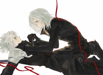 2boys aqua_eyes armor black_bodysuit black_gloves black_jacket black_pants bodysuit commentary_request crying final_fantasy final_fantasy_vii final_fantasy_vii:_advent_children gloves grey_hair hair_between_eyes highres jacket kadaj looking_at_another male_focus medium_hair multiple_boys pai_jingguan pants parted_bangs pauldrons sephiroth sephiroth_(ever_crisis) short_hair shoulder_armor straddling string string_of_fate tears white_background yaoi