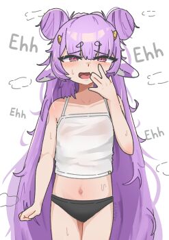 1girl absurdres animal_ears artist_name blush collarbone cow_ears crop_top double_bun english_text hair_bun highres horns loli long_hair looking_at_viewer mesugaki muu_muyu navel open_mouth panties phase_connect pink_eyes purple_hair solo ssrfex sweat underwear very_long_hair virtual_youtuber white_background
