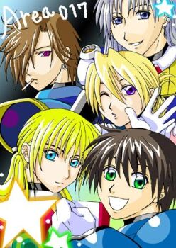 1girl 4boys alia_(mega_man) android blonde_hair blue_eyes blue_hair brown_hair capcom cigarette dynamo_(mega_man) earrings green_eyes grin hair_bun hair_over_one_eye jewelry long_hair lowres male_focus mega_man_(series) x_(mega_man) mega_man_x_(series) multiple_boys one_eye_closed ponytail purple_eyes short_hair single_hair_bun smile vile_(mega_man) wink zero_(mega_man)