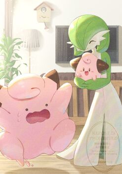 black_eyes cleffa closed_eyes colored_skin ditto dress gardevoir gen_1_pokemon gen_2_pokemon gen_3_pokemon green_hair green_skin hair_over_one_eye highres indoors multicolored_skin nintendo open_mouth pink_skin piyokonoenikki_04 pokemon pokemon_(creature) smile sweatdrop transformed_ditto two-tone_skin watermark white_dress white_skin