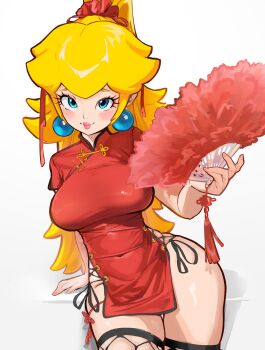 1girl absurdres alternate_costume blonde_hair blue_eyes breasts china_dress chinese_clothes commentary dress earrings english_commentary fishnet_thighhighs fishnets hand_fan high_ponytail highres holding holding_fan jewelry long_hair mario_(series) mineru128127 nintendo pelvic_curtain ponytail princess_peach red_dress side_slit sphere_earrings thighhighs white_background