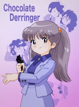 2girls 3boys arms_up black_hair bow bowtie brown_eyes character_request chocolate_derringer chocolate_sundae_(chocolate_derringer) closed_mouth collared_shirt commentary_request copyright_name derringer fedora formal_clothes glasses gun hair_ornament hand_up handgun hat highres holding holding_gun holding_weapon jacket lapels long_hair looking_at_viewer mizutani_kenta multiple_boys multiple_girls necktie purple_jacket purple_shirt purple_skirt round_eyewear shirt short_hair skirt skirt_suit smile standing suit sunglasses twintails weapon