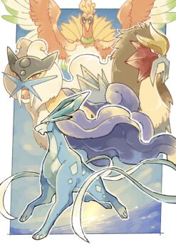 absurdres animal_focus beak bird blue_sky brown_fur closed_mouth commentary_request entei fangs gen_2_pokemon highres ho-oh legendary_pokemon nintendo no_humans ocean ohayou_milk open_mouth pokemon pokemon_(creature) pokemon_focus purple_hair raikou red_eyes sky suicune water wings yellow_fur