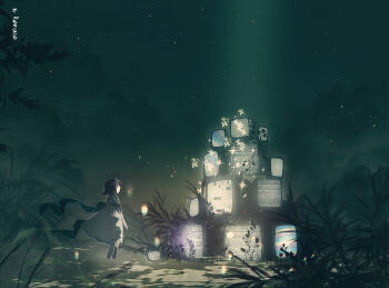 1girl arms_at_sides artist_name black_eyes black_hair bug butterfly cloud commentary crt dress english_commentary grass green_ribbon insect looking_ahead night original outdoors reinforced ribbon scenery short_hair sky solo sparkle standing star_(sky) starry_sky static television white_dress