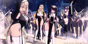 4girls arm_up black_dress black_hair black_thighhighs blonde_hair blue_eyes blush breasts christmas_tree cleavage closed_mouth clothes_lift commentary_request dress dress_lift green_eyes large_breasts lifting_own_clothes lips long_hair looking_at_viewer multiple_girls night nun open_mouth original outdoors pelvic_curtain priite_hari_(torriet) purple_eyes standing standing_on_one_leg thighhighs torriet twintails very_long_hair white_thighhighs wide_sleeves