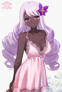 1girl breasts cleavage collarbone dark-skinned_female dark_skin dress drill_hair flower grey_background hair_flower hair_ornament highres jacinthe_(pokemon) large_breasts light_smile long_hair looking_at_viewer nintendo open_mouth pink_dress pink_hair pokemon pokemon_legends:_z-a purple_eyes purple_flower simple_background smile solo teeth twin_drills upper_teeth_only white_flower yomizu_(rdad3278)
