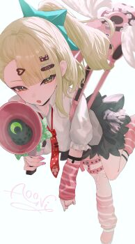 Rule 34 | 1girl, absurdres, aooni 09, arm warmers, bandaid, bandaid hair ornament, black skirt, commentary, english commentary, fang, fingernails, frilled sleeves, frills, fur-trimmed skirt, fur trim, green eyes, green hair, hair ornament, heart, heart hair ornament, highres, holding, holding megaphone, leg warmers, looking at viewer, megaphone, multiple hair clips, multiple thigh straps, necktie, open mouth, pink arm warmers, pink bag, pink leg warmers, pink nails, ponytail, red necktie, shirt, simple background, skin fang, skirt, solo, striped arm warmers, striped leg warmers, sunna (zenless zone zero), thigh strap, white background, white shirt, white wings, winged bag, wings, zenless zone zero