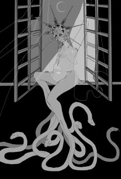 1boy absurdres animal black_background bottomless breasts closed_mouth crescent_moon dark_souls_(series) dark_souls_i dark_sun_gwyndolin greyscale highres large_breasts male_focus male_with_breasts monochrome moon open_window short_hair sitting snake solo spiked_helmet trap window zunkome