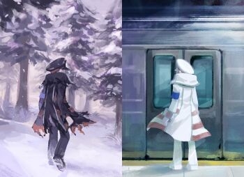 2boys armband black_coat black_hat black_pants black_shoes coat commentary_request emmet_(pokemon) gloves hat ingo_(pokemon) korean_commentary male_focus multiple_boys nintendo pants peaked_cap pokemon pokemon_bw pokemon_legends:_arceus seku_000 shoes snow standing torn_clothes torn_coat train tree white_coat white_gloves white_pants white_shoes
