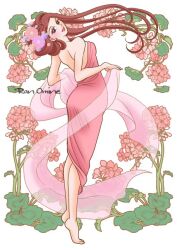 Rule 34 | 1girl, art nouveau, artist name, bare back, bare shoulders, barefoot, brown hair, floating hair, floral background, flower, from behind, hair flower, hair ornament, head tilt, holding, holding ribbon, long hair, looking at viewer, oomine ran, original, pink top, ribbon, see-through, solo, standing, tiptoes