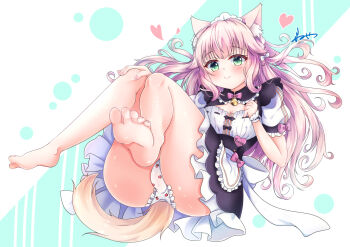 1girl animal_ear_fluff animal_ears apron bare_legs barefoot bell black_dress blush bow bowtie breasts buttons cat_ears cat_girl cat_tail character_name cleavage cleavage_cutout closed_mouth clothing_cutout commentary_request dress feet floating_hair food_print fraise_(nekopara) frilled_apron frilled_dress frilled_panties frills fruit_print full_body fusse gold_bell green_eyes hair_bow hand_on_own_knee hands_up heart heart_button highres jingle_bell knees_together_feet_apart long_hair maid maid_apron maid_headdress nail_polish name_tag neck_bell nekopara panties pink_bow pink_bowtie pink_hair pink_nails print_panties puffy_short_sleeves puffy_sleeves short_sleeves sidelocks signature simple_background sitting sleeve_bow slit_pupils small_breasts smile soles solo strawberry_panties strawberry_print tail thighs toenails toes underwear variant_set very_long_hair waist_apron waitress wavy_hair white_apron white_background white_bow white_panties white_wrist_cuffs wrist_cuffs