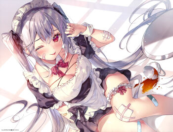 1girl ;p absurdres apron arm_support artist_name bandaid bandaid_on_arm bandaid_on_cheek bandaid_on_face bandaid_on_knee bandaid_on_leg black_ribbon blush bow bowtie breasts cleavage collarbone cup dengeki_moeoh detached_collar dutch_angle fallen_down frilled_thigh_strap from_above gauze gauze_on_arm gauze_on_knee grey_hair hair_between_eyes hair_ribbon hand_up highres knees_together_feet_apart large_breasts long_hair looking_at_viewer looking_up magazine_scan maid maid_apron maid_headdress miwabe_sakura on_floor one_eye_closed original puffy_short_sleeves puffy_sleeves red_bow red_bowtie red_eyes ribbon scan shiny_skin short_sleeves sidelocks smile solo tea teacup thigh_strap third-party_source tongue tongue_out tray twintails very_long_hair waist_apron white_apron white_wrist_cuffs window_shadow wrist_cuffs