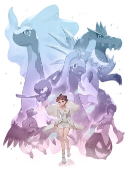 1girl absurdres aurorus boots brown_hair choker coat collarbone commentary_request diantha_(pokemon) eyelashes gardevoir gen_3_pokemon gen_6_pokemon goodra gourgeist grey_eyes hawlucha highres jewelry long_sleeves looking_at_viewer necklace nintendo odd_(hin_yari) open_clothes open_coat parted_lips pokemon pokemon_(creature) pokemon_xy shirt shoes short_hair shorts smile tyrantrum white_boots white_choker white_coat white_shirt white_shorts