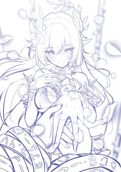 2girls absurdres bare_shoulders breasts closed_mouth commentary cyrene_(aedes_elysiae)_(honkai:_star_rail) cyrene_(honkai:_star_rail) cyrene_(ripples_of_past_reverie)_(honkai:_star_rail) diamond-shaped_pupils diamond_(shape) dual_persona earrings english_commentary female_pov flower greyscale hair_flower hair_ornament hand_on_own_chest highres holding_hands honkai:_star_rail honkai_(series) jewelry large_breasts long_hair looking_down mashiro_(user_65392488) monochrome multiple_girls petals planet_earrings pointy_ears pov putting_on_jewelry ribbon ring single_earring sketch smile solo_focus symbol-shaped_pupils unfinished upper_body wedding_ring wrist_ribbon