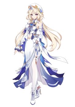 1girl absurdres bare_shoulders beret blonde_hair boots breasts chinese_commentary closed_mouth commentary_request detached_sleeves dress facial_mark forehead_mark full_body genshin_impact hat high_heels highres long_hair long_sleeves looking_at_viewer middle_part nicole_reeyn pantyhose purple_eyes simple_background smile solo standing tachi-e white_background white_dress white_pantyhose yu_lanmeiyesha